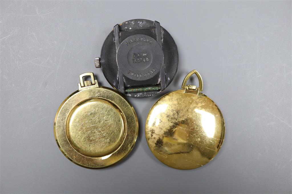 Two gold plated dress pocket watches and a Rotary Campus wrist watch.